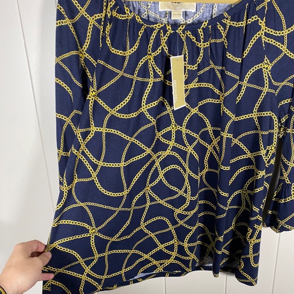 NWT MICHAEL KORS Women's Navy Gold Chain Print 3/4 Sleeve‎ Top Blouse Size L - Picture 7 of 15